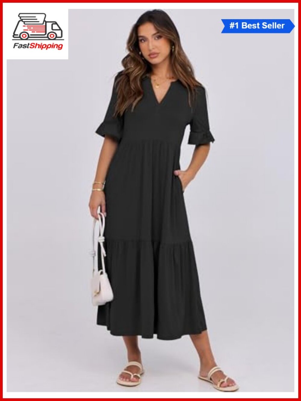 Womens Summer Maxi Dress Ruffle Short Sleeve Casual Flowy - Picture 4 of 6